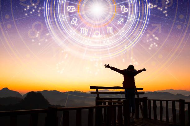 Astrologiewiel Sterrenbeeldencirkel met gouden symbolen op een blauwe achtergrond.
